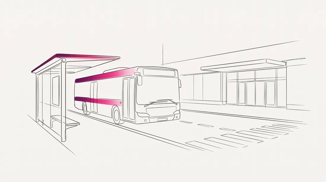 Line drawing of a bus pulling in beside a glass shelter, with a building entrance behind